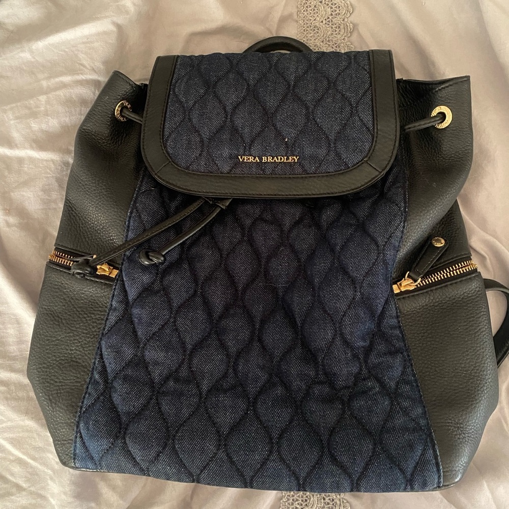Vera Bradley Quilted Black and Blue Backpack with Gold Accents